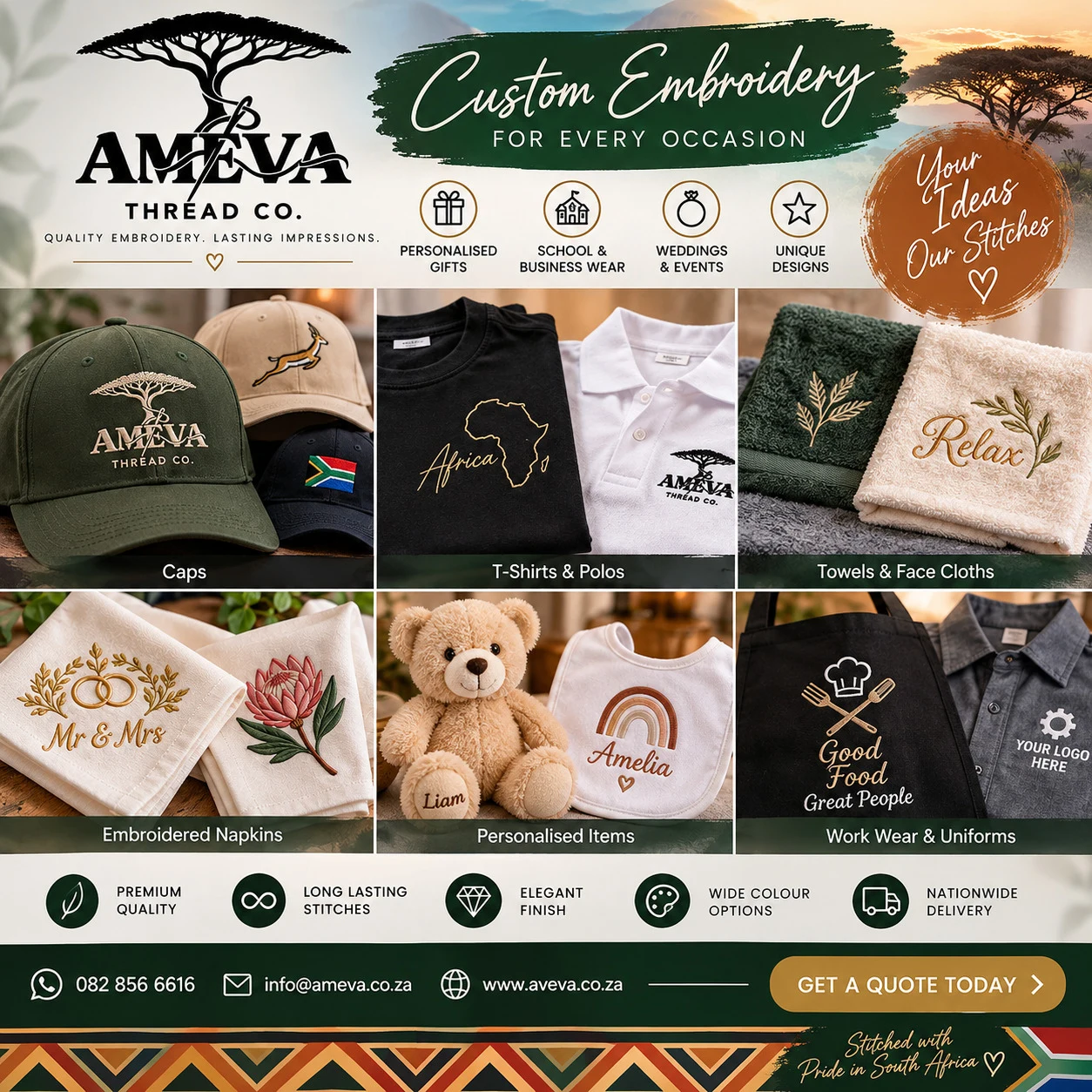 Embroidered apron and work-shirt logo examples