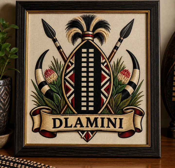 Framed Dlamini shield and botanical crest sample