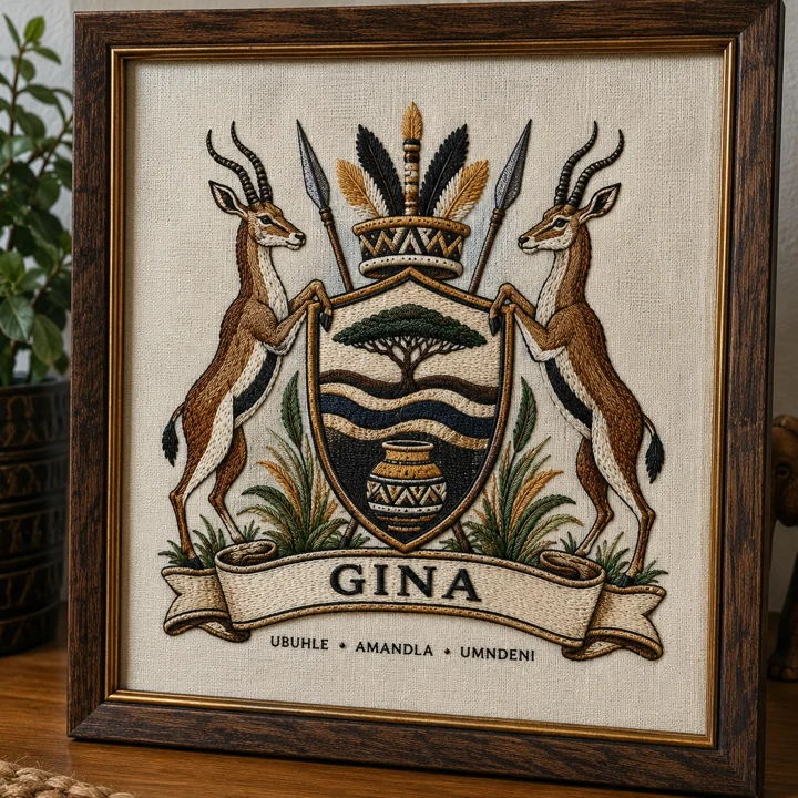 Framed Gina crest sample with two antelope and an acacia tree