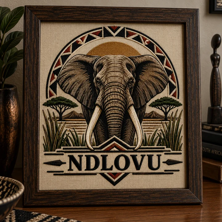 Framed Ndlovu elephant sample embroidered in earthy tones