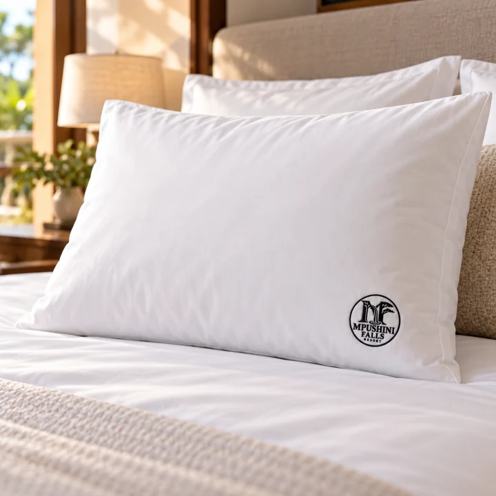 White pillow with a discreet black Mpushini Falls Resort logo