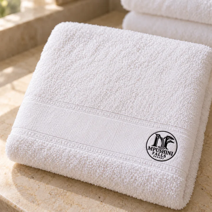Plush white towel with an embroidered Mpushini Falls Resort logo